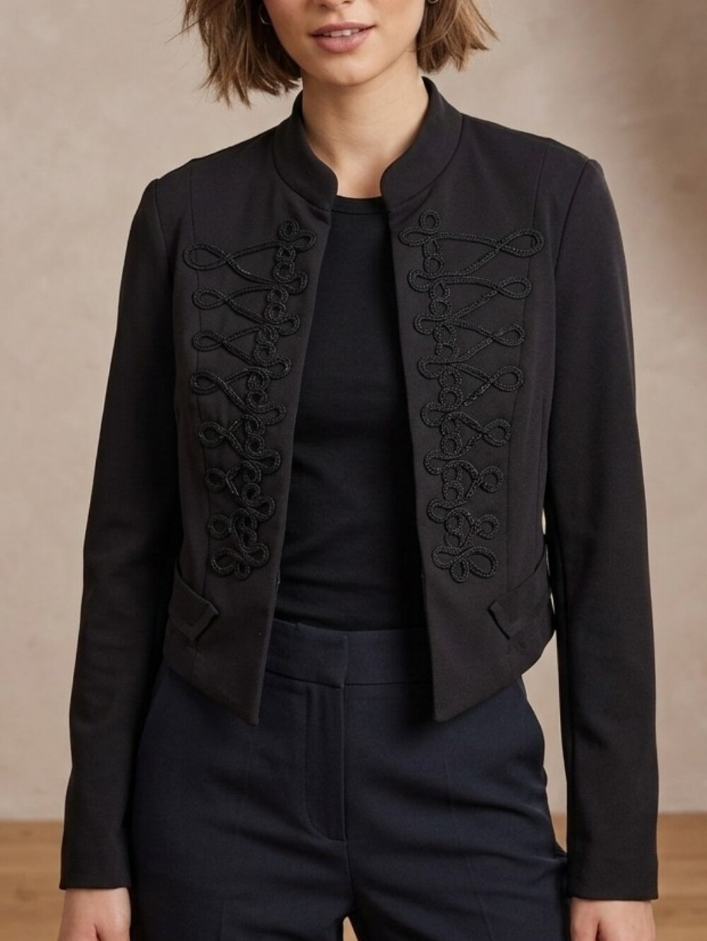 Black Embroidered Military-Style Cropped Jacket